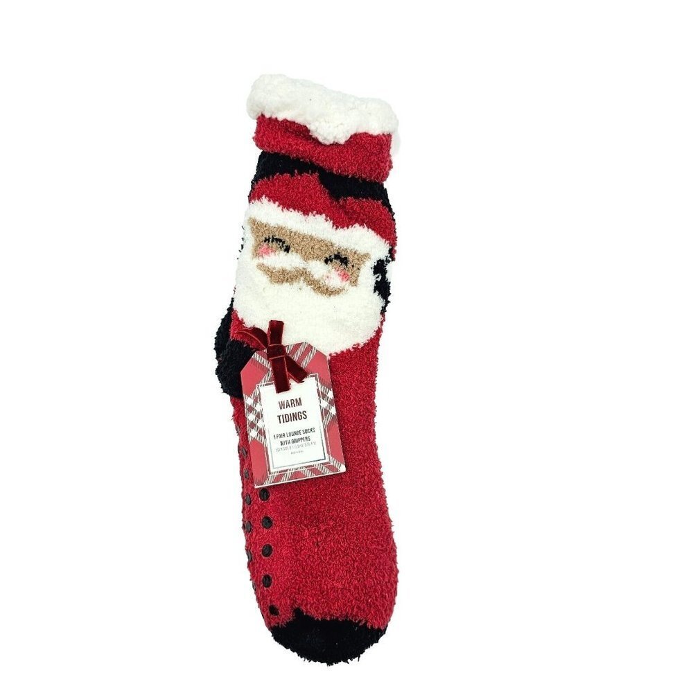 Santa Fuzzy Cozy Slipper Lounge Socks Womens Christmas Kris Kringle Red Grippers